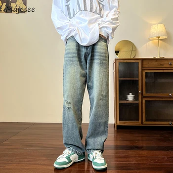 Джинсы Мужские Шикарные Ins Летние Прямые Свободные повседневные джинсовые брюки, универсальная уличная одежда в корейском стиле, Полная длина, Популярная новинка для колледжа