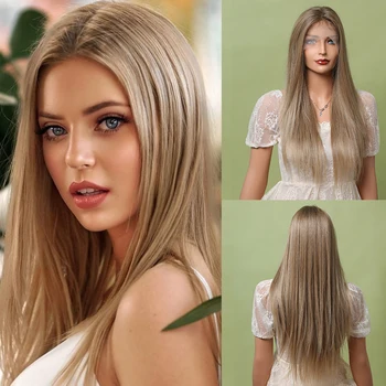 Длинные прямые светлые синтетические парики на кружеве из натуральных искусственных волос для белых женщин, ежедневных свиданий, вечеринок, высокотемпературного волокна