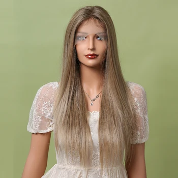 Длинные прямые светлые синтетические парики на кружеве из натуральных искусственных волос для белых женщин, ежедневных свиданий, вечеринок, высокотемпературного волокна Изображение 2