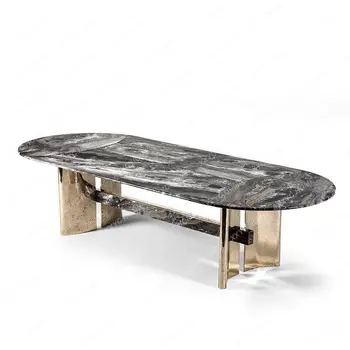 Дугообразный стол из высококачественной нержавеющей стали, итальянская комбинация обеденных столов с каменной плитой