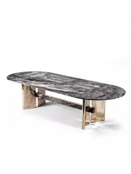 Дугообразный стол из высококачественной нержавеющей стали, итальянская комбинация обеденных столов с каменной плитой Изображение 2