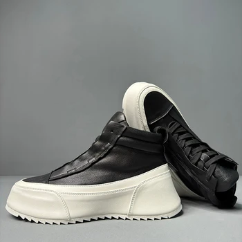 Европейская мягкая и удобная обувь из натуральной кожи с высоким берцем для мужчин, осенне-зимняя экипировка, обувь с высоким берцем на подошве, увеличенная обувь для мужчин Изображение 2
