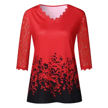 Женская кружевная футболка с V-образным вырезом и рукавом 3/4, женская блузка с цветочным рисунком, туника, топы больших размеров, женская одежда Изображение 2