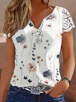 Женская модная верхняя рубашка с кружевной нашивкой на плоской горловине с цветочным принтом