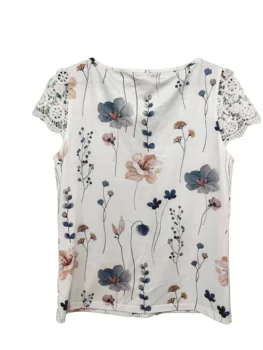 Женская модная верхняя рубашка с кружевной нашивкой на плоской горловине с цветочным принтом Изображение 2