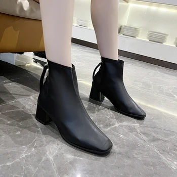 Женская обувь 2023, Зимние плюшевые женские ботильоны, модные туфли на высоком каблуке с квадратным носком, простая универсальная офисная женская обувь для поездок на работу