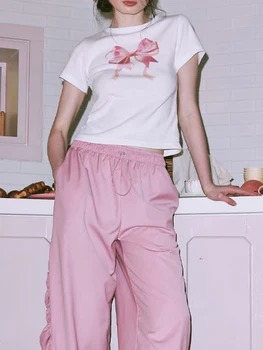 Женская рубашка Y2k с бантом, графическая укороченная детская футболка, облегающие топы с круглым вырезом и коротким рукавом, Сказочно Милая эстетичная одежда
