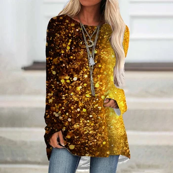Женская футболка большого размера, футболки-туники с золотыми блестками и принтом, повседневная блузка с длинным рукавом, круглый вырез, обычная посадка Изображение 2