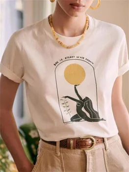 Женская футболка из хлопка с буквенным принтом, круглый вырез, Универсальные простые топы с коротким рукавом Изображение 2