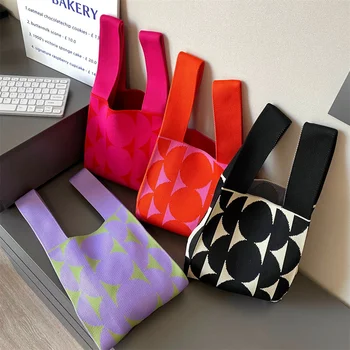 Женская шерстяная сумочка для вязания, контрастная сумка-тоут большой емкости, сумка с верхней ручкой, женская повседневная сумочка, сумка для отдыха, Круговая сумочка
