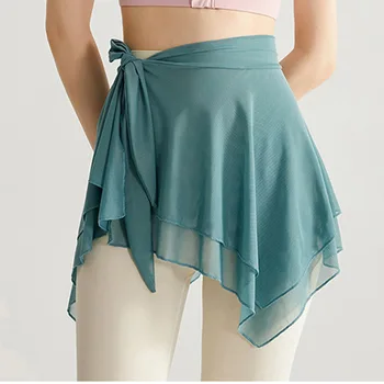 Женская юбка из нерегулярной сетки на шнуровке для балетных танцев, однотонная мини-юбка с высокой талией, гимнастика для йоги, разминка для балетных танцев Изображение 2