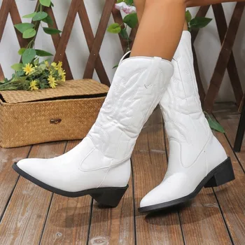 Женские ботинки в стиле Вестерн 2023, осенне-зимние модные женские ботинки на массивном каблуке, Классические повседневные белые женские ботинки на платформе с острым носком