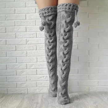 Женские вязаные чулки Зимние утепленные однотонные носки выше колена с помпоном В японском стиле, милые толстые теплые Мягкие дышащие чулки