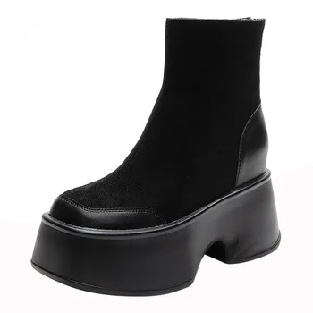 Женские зимние ботинки из черной овчины и замши длиной 11 см, зимние ботинки на платформе и танкетке, плюшевая теплая осенне-весенняя зимняя обувь, пинетки на молнии, обувь