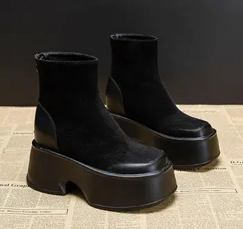 Женские зимние ботинки из черной овчины и замши длиной 11 см, зимние ботинки на платформе и танкетке, плюшевая теплая осенне-весенняя зимняя обувь, пинетки на молнии, обувь Изображение 2