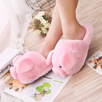 Женские зимние милые розовые плюшевые тапочки с рисунком свиньи, нескользящая меховая обувь Изображение 2