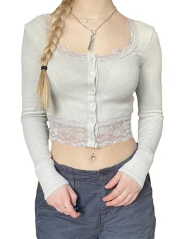 Женские кружевные топы с длинным рукавом Y2k, укороченные боты с квадратным вырезом, облегающие повседневные винтажные базовые футболки Изображение 2
