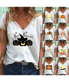 Женские модные рубашки на Хэллоуин, топы с V-образным вырезом и коротким рукавом, однотонная Повседневная Свободная базовая футболка для женщин