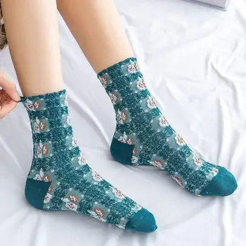 Женские носки со стильным жаккардовым дизайном в стиле ретро, женские эластичные теплые носки средней длины для осенне-зимних каникул, элегантные женские носки