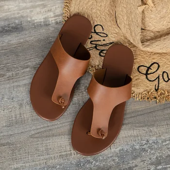 Женские тапочки, которые можно носить летом на улице, Новые удобные сандалии с застежкой на носок, пляжная обувь на большой плоской подошве, римские сандалии