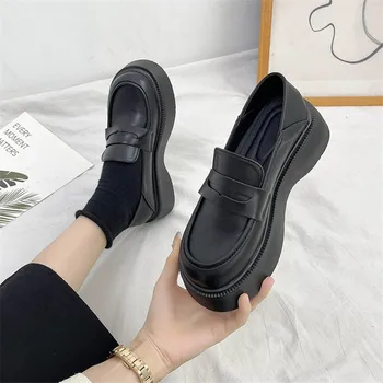 Женские туфли-лодочки COOTELILI на платформе, без застежки с круглым носком, нескользящие, черные, базовые, черные, женские туфли на каблуке 4,5 см, базовый размер 35-40