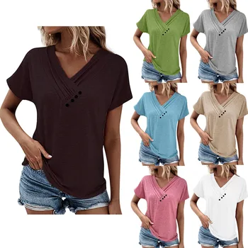 Женские футболки, однотонные женские топы с V-образным вырезом и коротким рукавом, футболки оверсайз