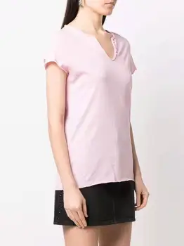 Женские футболки с буквенным принтом, нишевый хлопок с V-образным вырезом, повседневные милые ленты с короткими рукавами Изображение 2