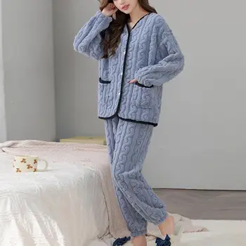 Женский пижамный комплект, уютный зимний пижамный комплект для женщин, плюшевое пальто с V-образным вырезом, свободные брюки, костюм для домашней одежды, зимний пижамный комплект
