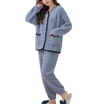 Женский пижамный комплект, уютный зимний пижамный комплект для женщин, плюшевое пальто с V-образным вырезом, свободные брюки, костюм для домашней одежды, зимний пижамный комплект Изображение 2