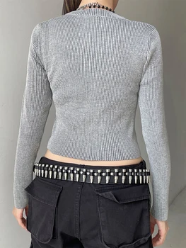 Женский укороченный топ с длинным рукавом, трикотажные пуловеры в рубчик с вышивкой в виде звезд, повседневные облегающие эластичные футболки Изображение 2