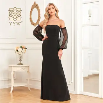 Женское платье для выпускного вечера, черное длинное бальное платье русалки с блестками, коктейльное платье макси с пышными рукавами на одно плечо, женское платье Vestido из сетки