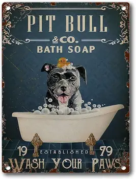 Жестяная вывеска Funny Pitbull Bath Soap Company Настенное искусство для собак Декор стен в ванной для собак Искусство в ванной для собак забавная ванная