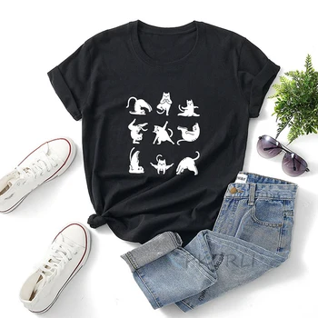Забавная женская футболка для йоги, хлопковая повседневная футболка с милым котом, футболка с графическим принтом 