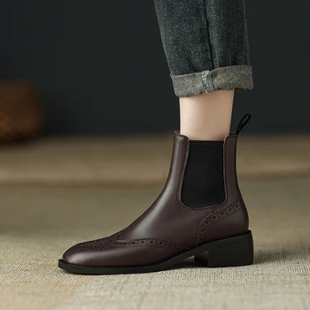 Зимние ботинки Женские ботильоны 2022 года, женские ботинки, ботинки на высоком каблуке, женская обувь, ботинки Челси в стиле ретро из натуральной кожи, черные ботинки Изображение 2