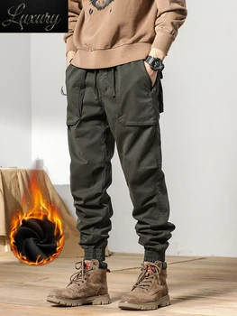 Зимние мужские брюки-карго 2024, новые толстые теплые флисовые брюки с несколькими карманами, мужская уличная одежда, Тонкие повседневные хлопковые джоггеры для бега трусцой