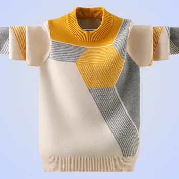 Зимние хлопчатобумажные изделия, одежда, свитер для мальчика, пуловер с круглым вырезом, вязаный свитер, детская одежда, детский свитер, сохраняющий тепло