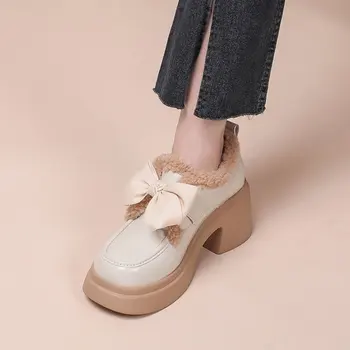 Зимние Японские милые туфли на платформе, женские теплые плюшевые туфли с бантом, винтажные Кавайные женские однотонные Повседневные удобные туфли 2024 Изображение 2