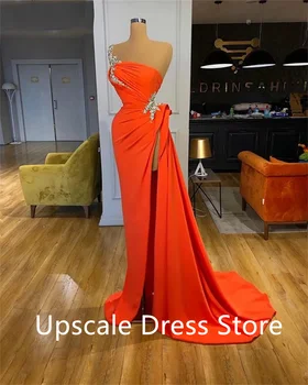 Изысканное Оранжевое Длинное Вечернее платье на Одно плечо, расшитое бисером, с Высоким разрезом, Арабские Женские платья для Выпускного вечера, vestidos