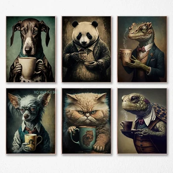 Классические винтажные животные с кофейной росписью на холсте и принтом Забавная панда, кошка, собака, черепаха, настенный художественный плакат для домашней комнаты