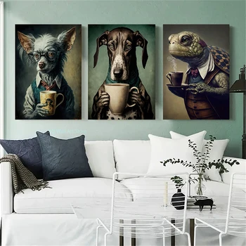 Классические винтажные животные с кофейной росписью на холсте и принтом Забавная панда, кошка, собака, черепаха, настенный художественный плакат для домашней комнаты Изображение 2