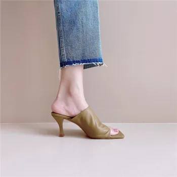 Классические туфли-мюли с квадратным носком, женские летние тапочки из мягкой кожи на тонком каблуке, туфли-лодочки с открытым носком и широкой лентой, фирменный дизайн Изображение 2