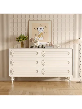 Комод из массива дерева в кремовом стиле, Легкий роскошный шкафчик в прихожей, простой буфет, шкаф для хранения мебели в спальне Изображение 2