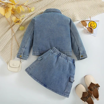 Комплект детской юбки для девочек, куртка на пуговицах с длинным рукавом и эластичной талией, мини-юбка из 2 предметов джинсовой одежды Изображение 2