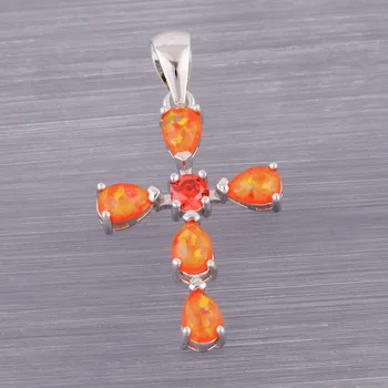 КОНГМУН Крест Оранжевый Красный CZ Мексиканский Оранжевый Огненный Опал Посеребренные Ювелирные Изделия для Женщин Кулон для Ожерелья