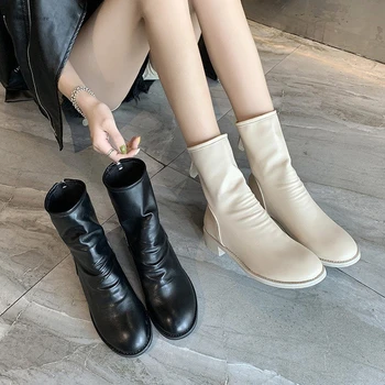 Короткие женские ботинки 2022, Осенне-зимние короткие женские ботинки в британском стиле со складками до середины трубы, Удобные кожаные женские ботинки
