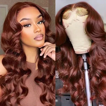 Красновато-коричневая объемная волна, парики из человеческих волос на кружеве 13x4, предварительно выщипанные цветные парики на кружеве HD для чернокожих женщин 180 плотности