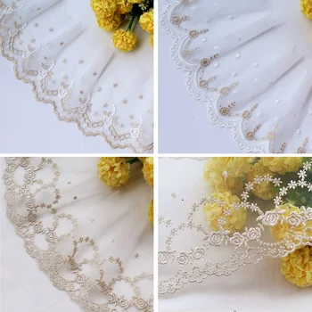 Кружевная ткань с мягкой цветочной вышивкой, Тюль, белая с золотой нитью, Гипюровая аппликация, для шитья свадебного платья