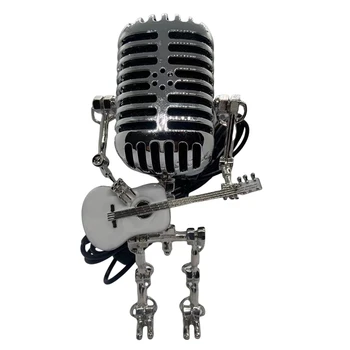 Лампа для микрофона-головка лампы, винтажный металлический микрофон, робот, настольная лампа, украшения для дома в стиле ретро, Прочный белый и серебристый