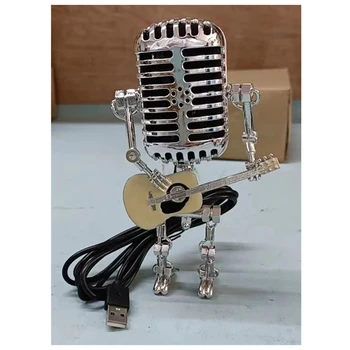 Лампа для микрофона-головка лампы, винтажный металлический микрофон, робот, настольная лампа, украшения для дома в стиле ретро, Прочный белый и серебристый Изображение 2