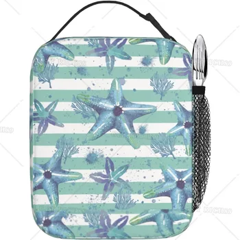 Ланч-бокс Sea Beach Starfish Летняя изолированная сумка для ланча в синюю полоску, герметичный ланч-бокс-холодильник, Многоразовая сумка-тоут для женщин и мужчин Изображение 2